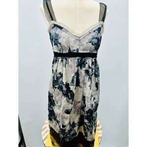 LOFT Floral Print Midi Dress 4P Sheer Straps  Empire Waist Coquette Fairy BL Ink